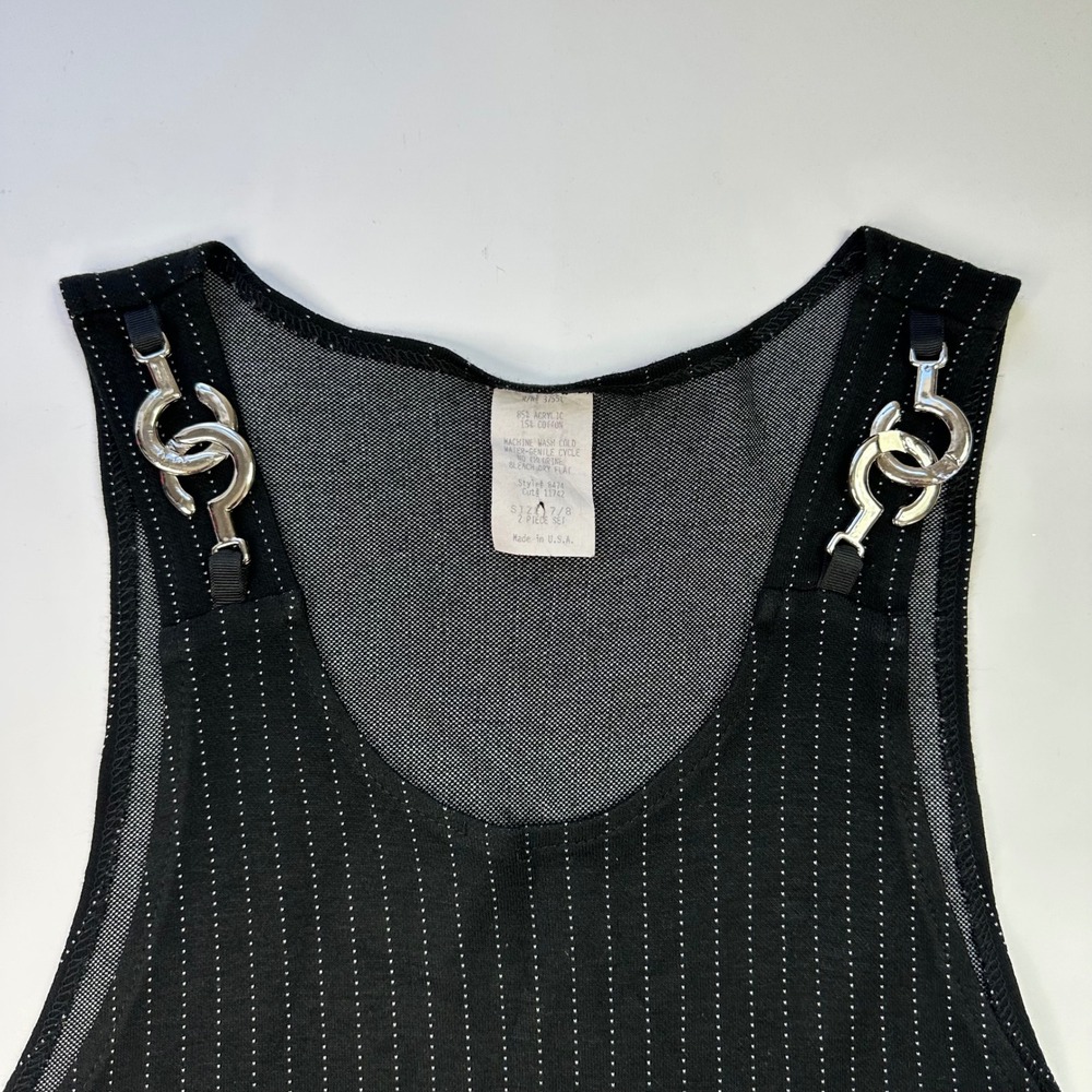 Vintage 90s Pinstripe Dress Mini Grunge Sleeveless Suspender Chain Size 7/8 - Picture 2 of 8